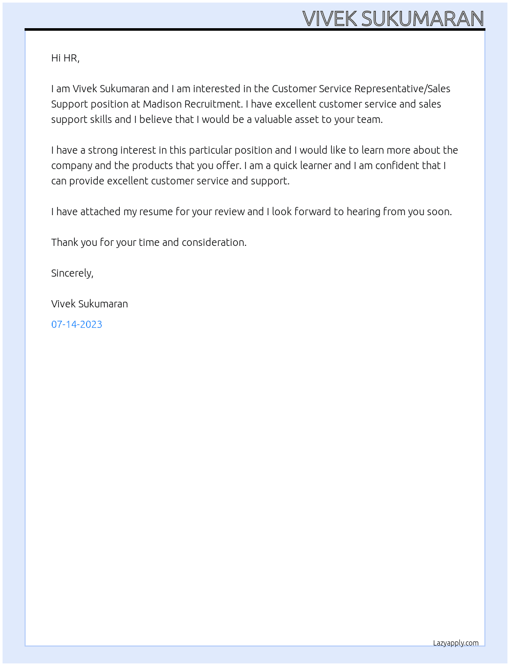 Customer Service Representative/Sales Support At Madison Recruitment Cover Letter
