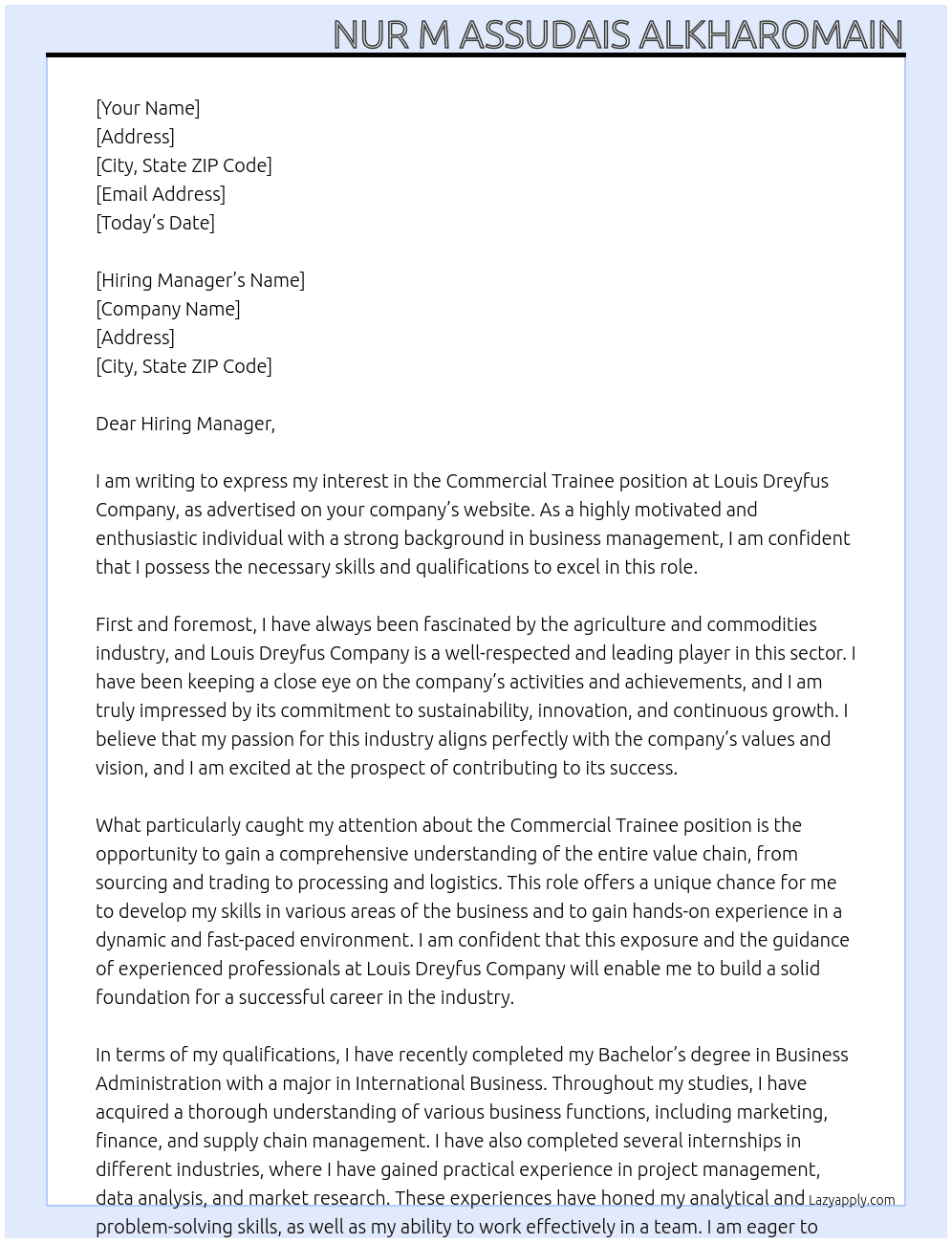Commercial Trainee At Louis Dreyfus Company Cover Letter