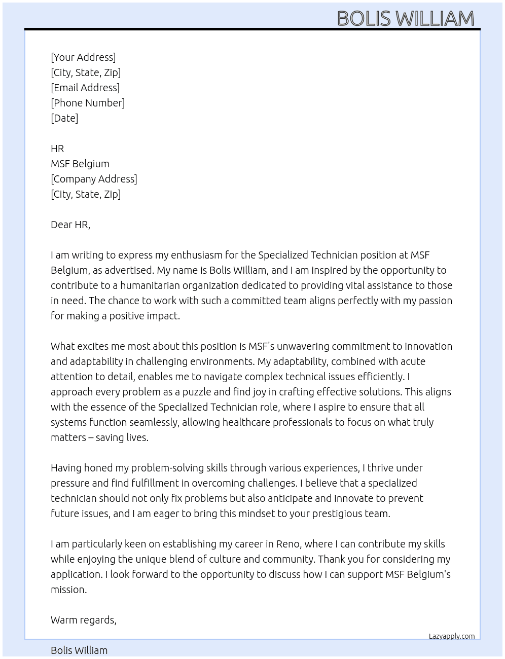Specialized Technician  At MSF Belgium  Cover Letter