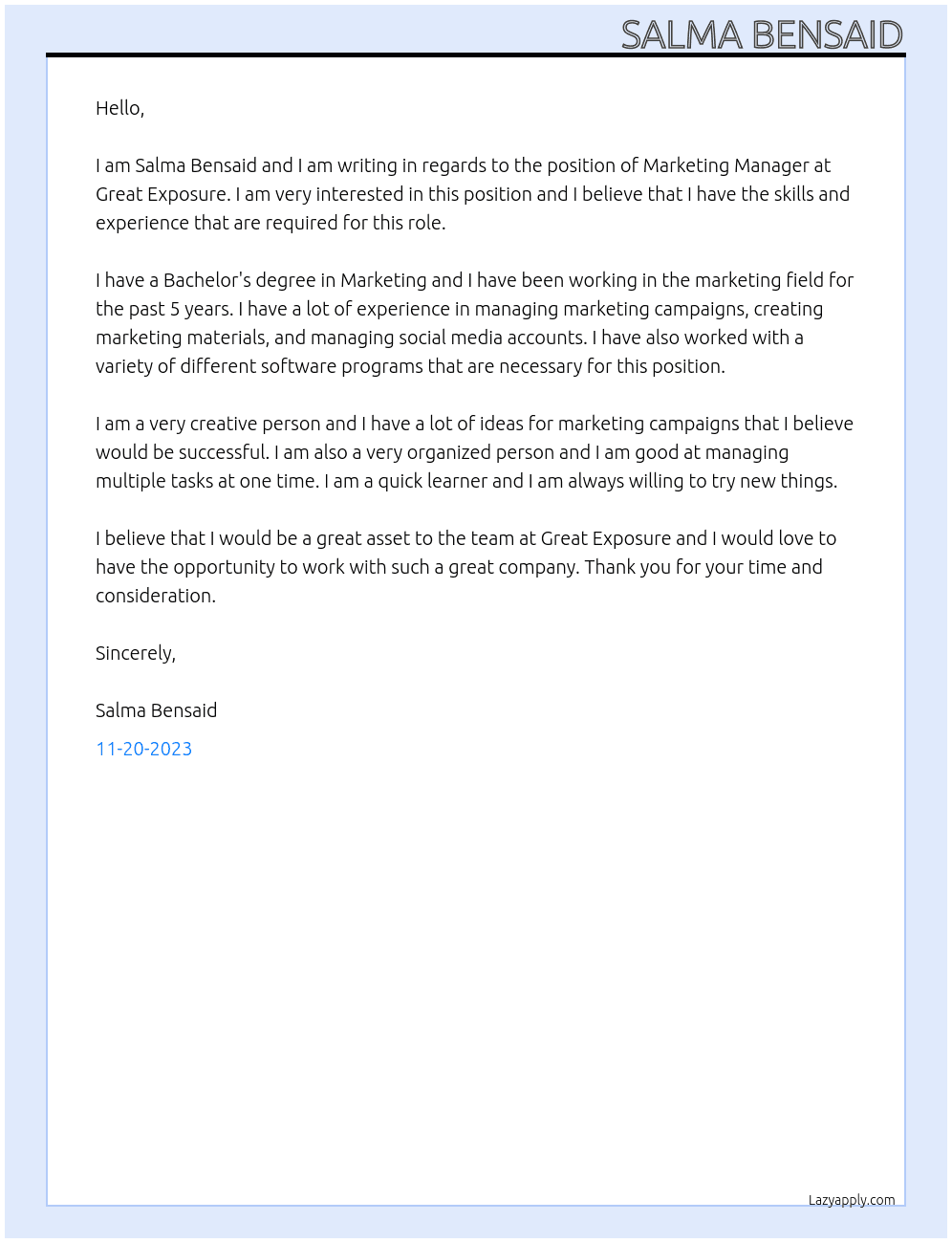 Marketing Manager At Great Exposure Cover Letter