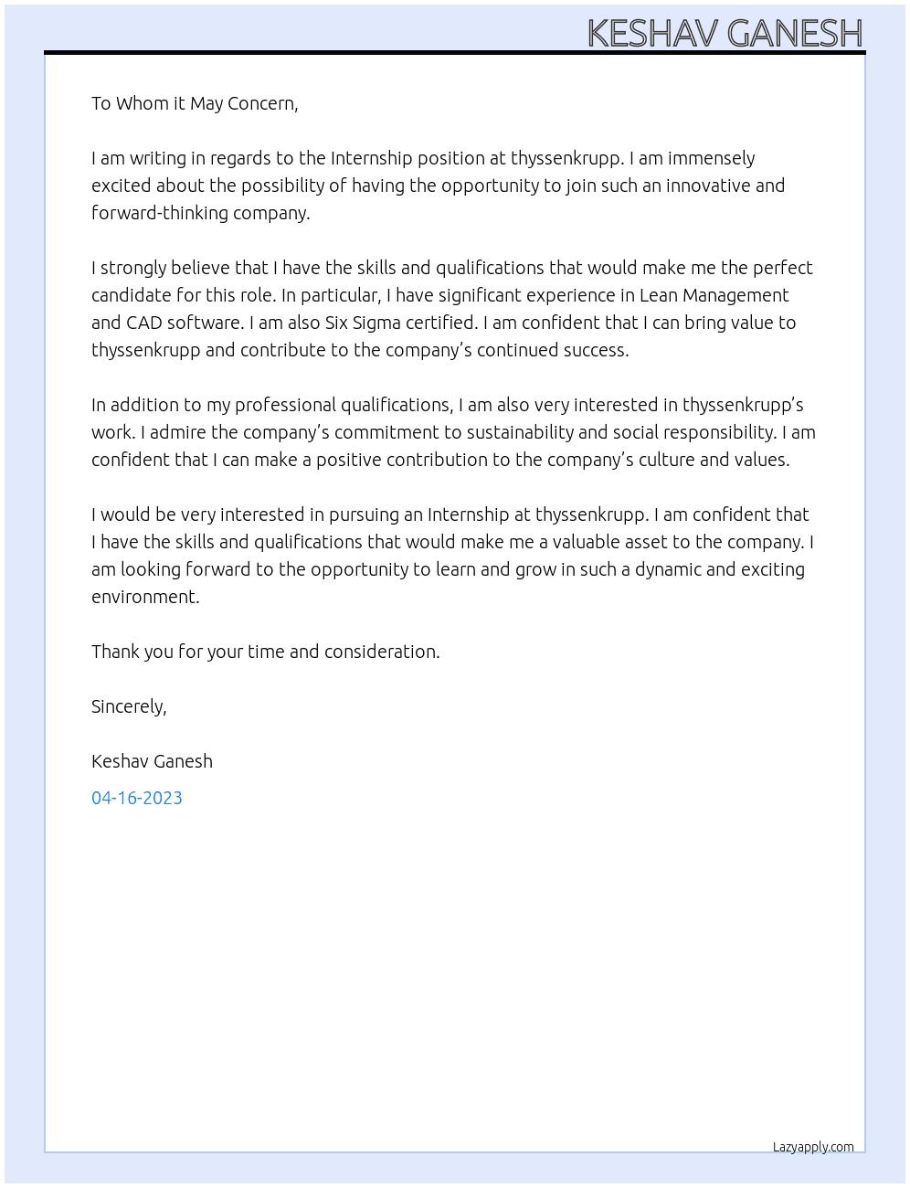 Internship At thysenkrupp Cover Letter