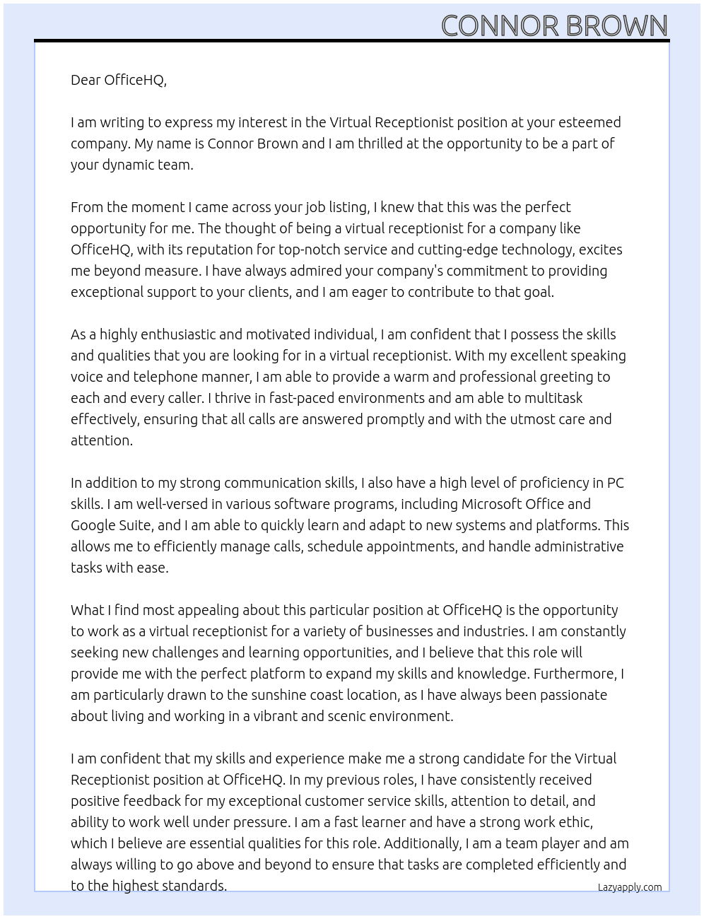Virtual Receptionist At OfficeHQ Cover Letter