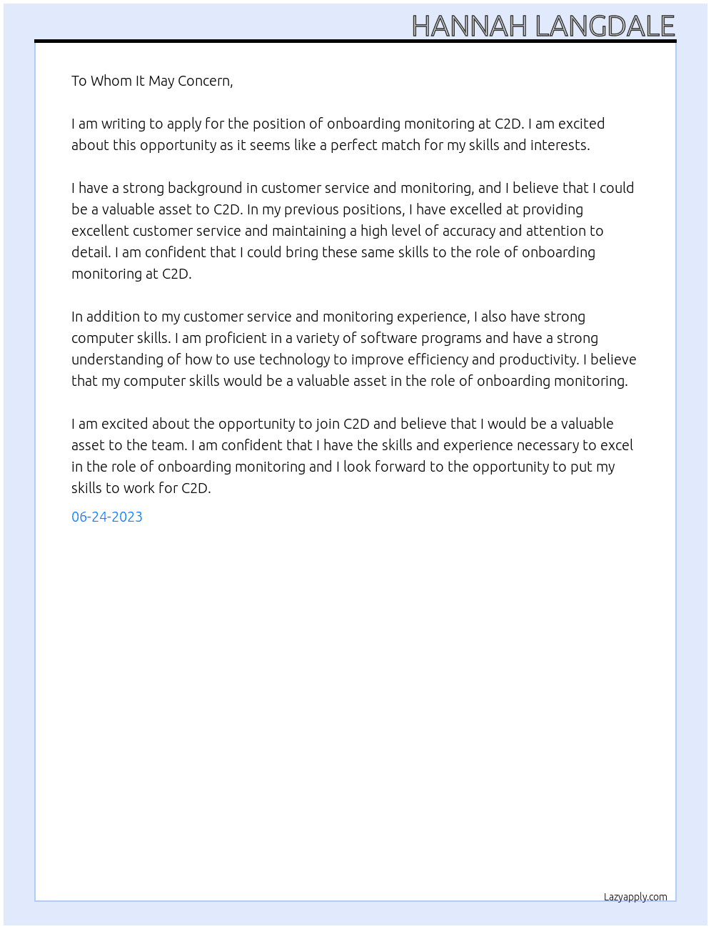 onboarding monitoring At C2D Cover Letter