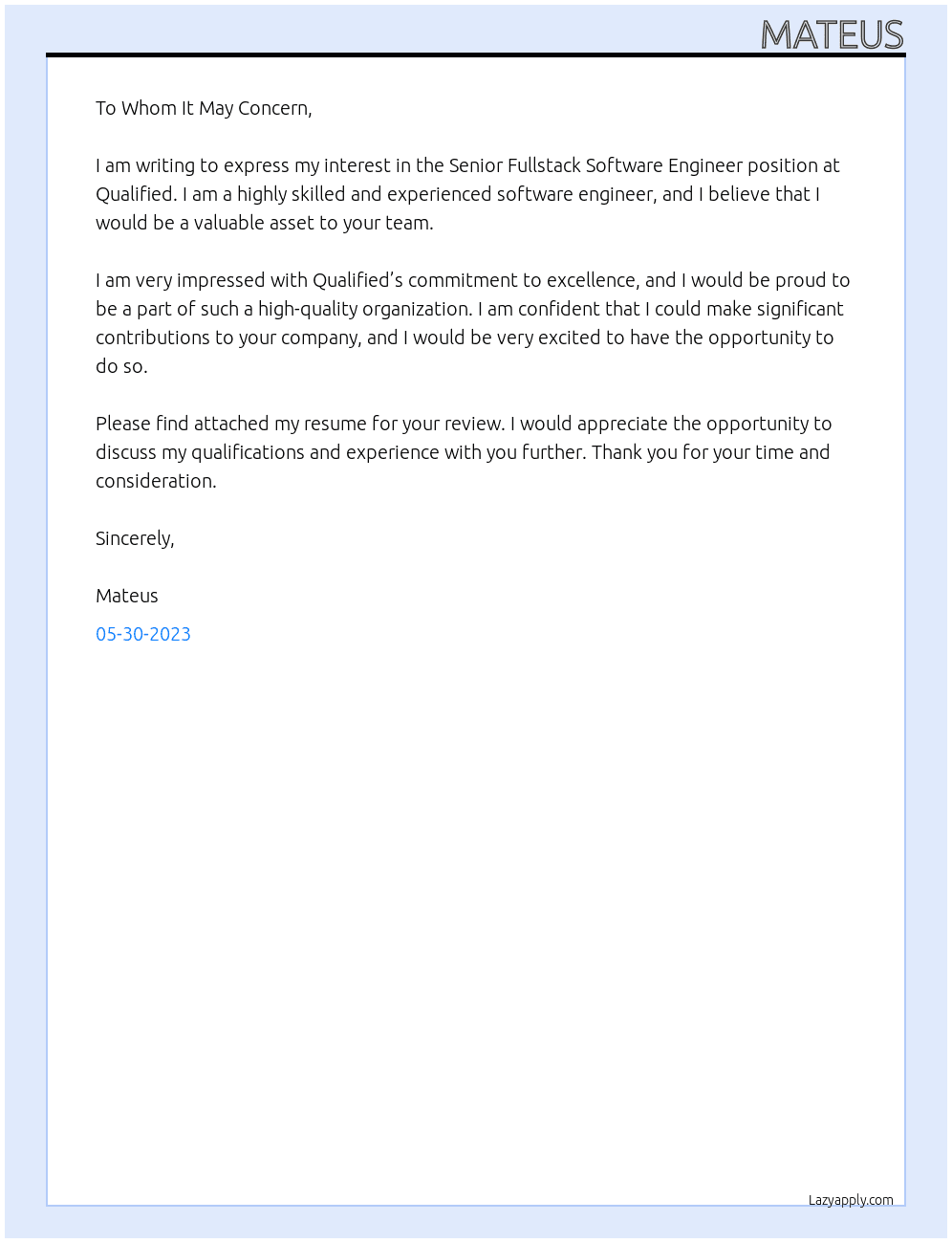 Senior Fullstack Software Engineer At Qualified Cover Letter