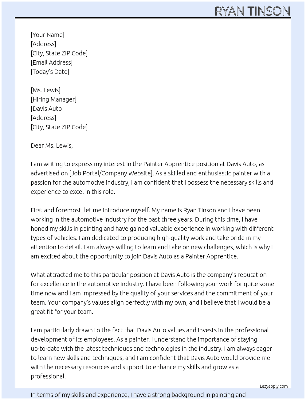 Painter Apprentice At Davis Auto Cover Letter