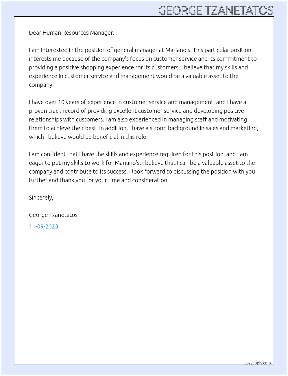 general manager At Mariano's Cover Letter