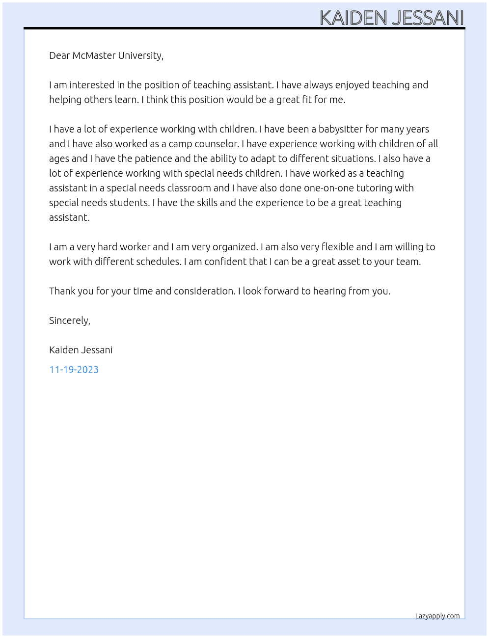Teaching Assistant At McMaster University Cover Letter