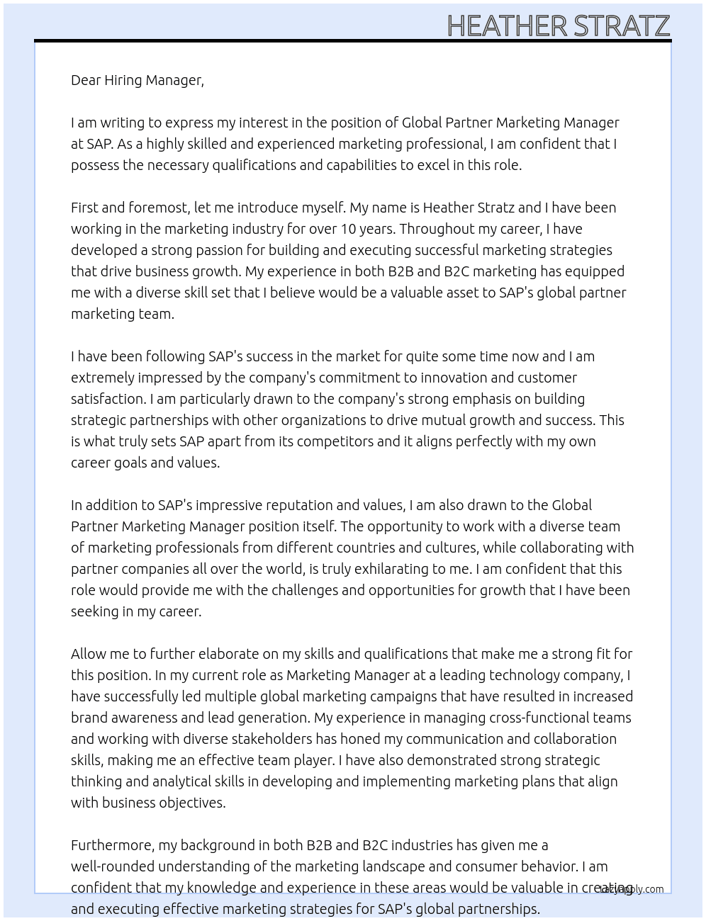 Global Partner Marketing Manager At SAP Cover Letter