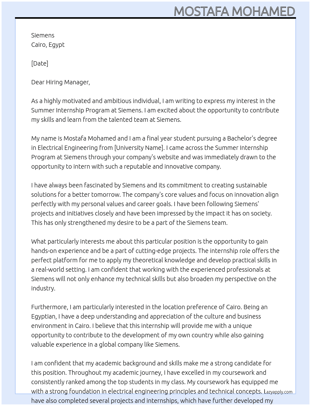 Summer Internship Program At Siemens Cover Letter