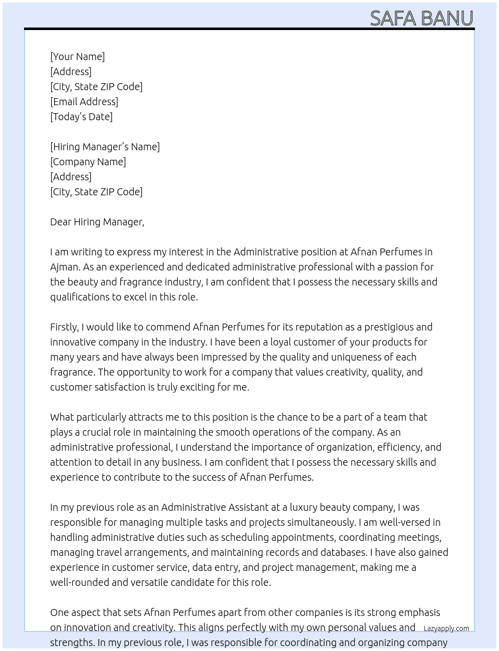 Administrative At Afnan perfumes Cover Letter