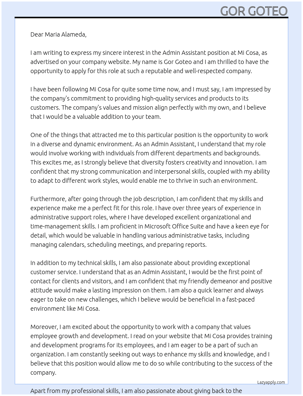 Admin Assistant At Mi Cosa Cover Letter