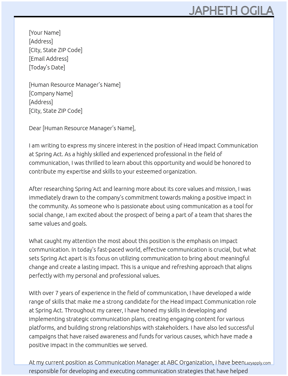 Head impact communication At Spring Act Cover Letter