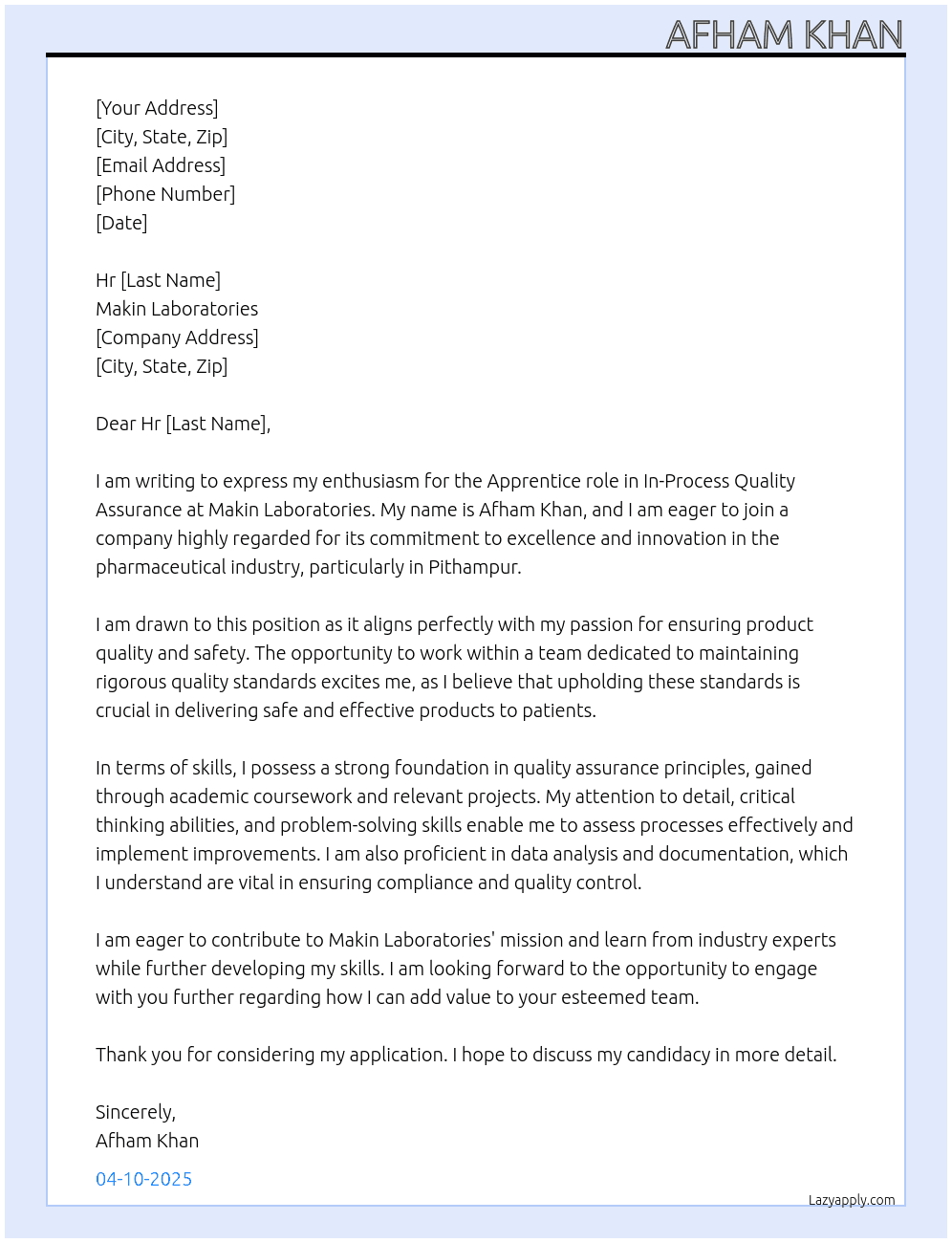 In process quality assurance  At Makin Laboratories  Cover Letter