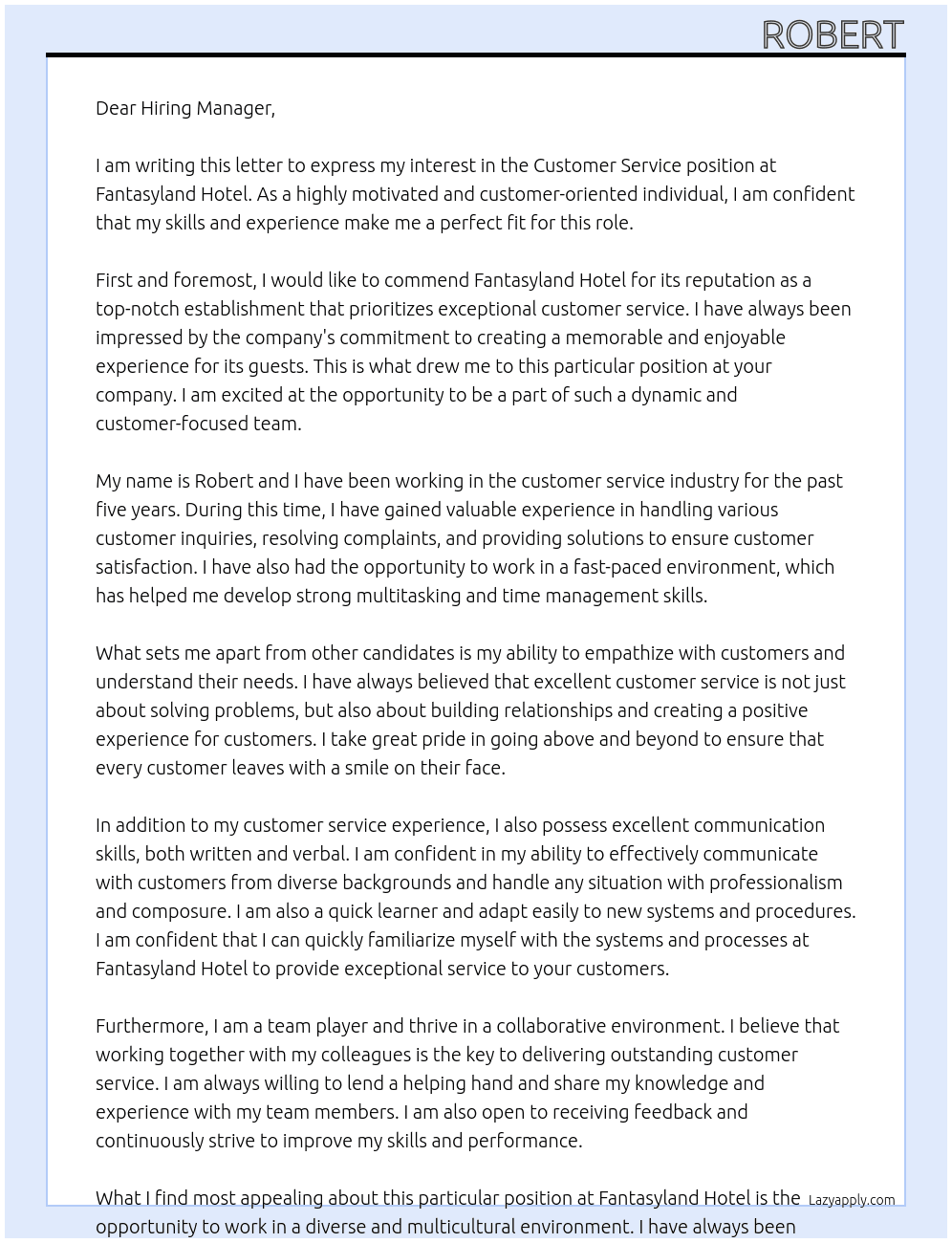 customer service At Fantasyland hotel Cover Letter