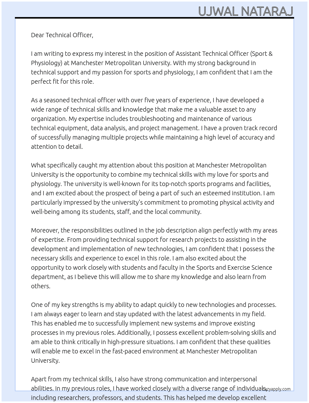 Assistant Technical Officer (Sport & Physiology) At Manchester Metropolitan University Cover Letter