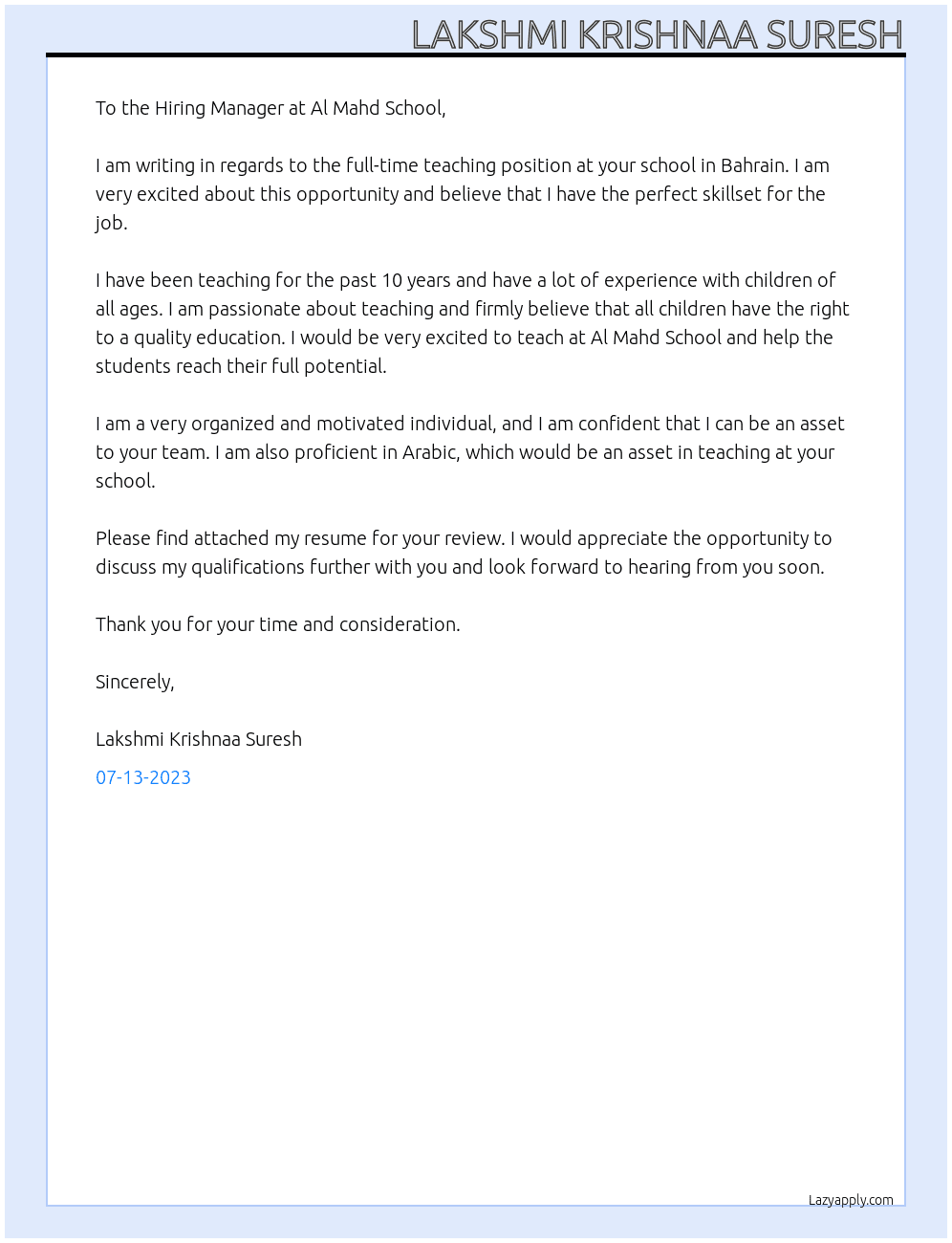 Teacher At Al Mahd School, Bahrain  Cover Letter