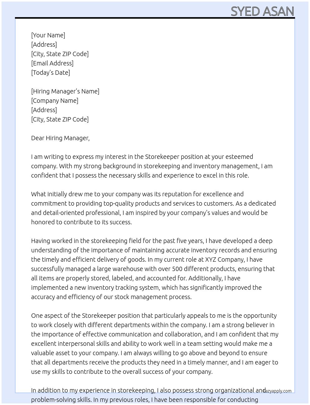 Storekeeper At In your Esteemed Company Cover Letter