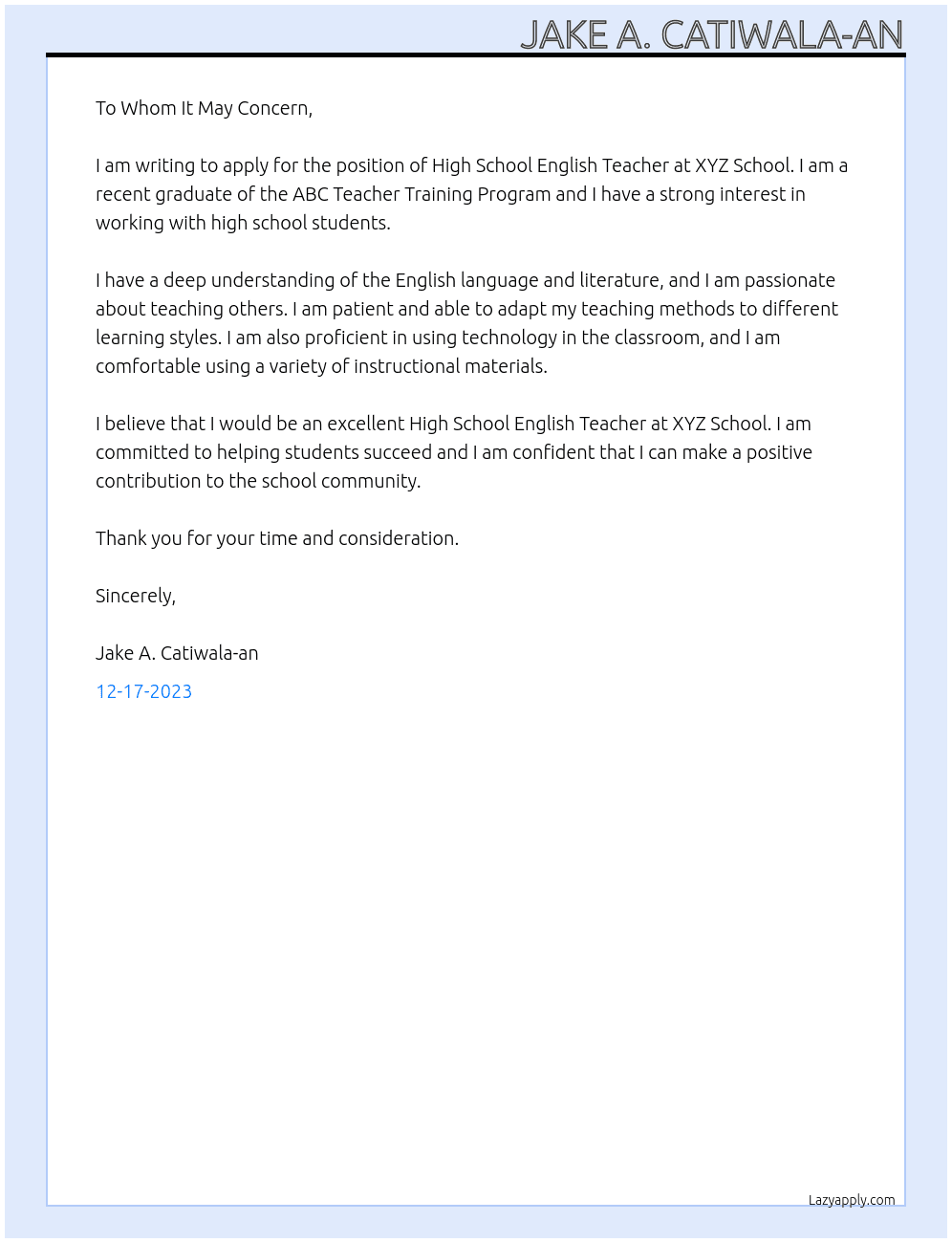 High School English Teacher At High School English Teacher Cover Letter