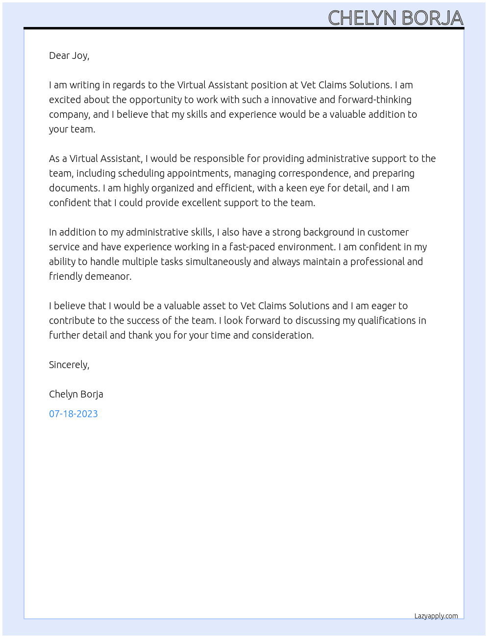 Virtual Assistant At Vet Claims Solutions Cover Letter
