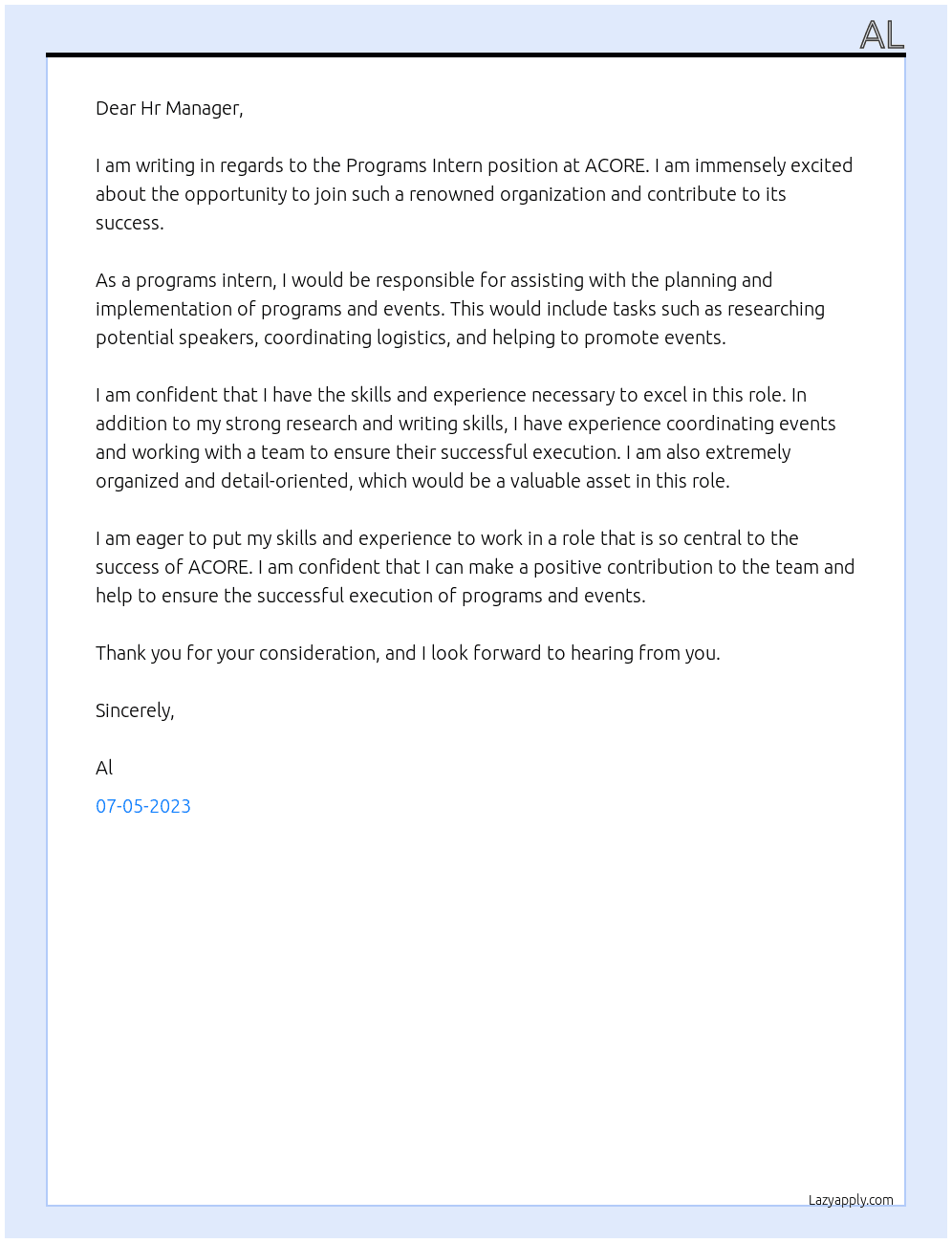 Programs Intenr At ACORE Cover Letter