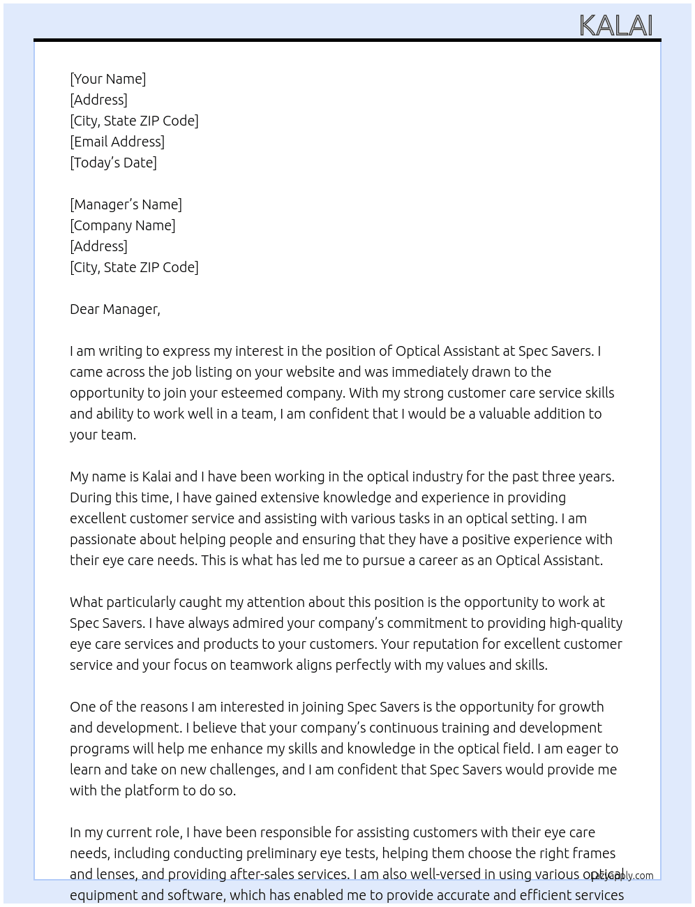 Optical assistant  At Spec savers Cover Letter