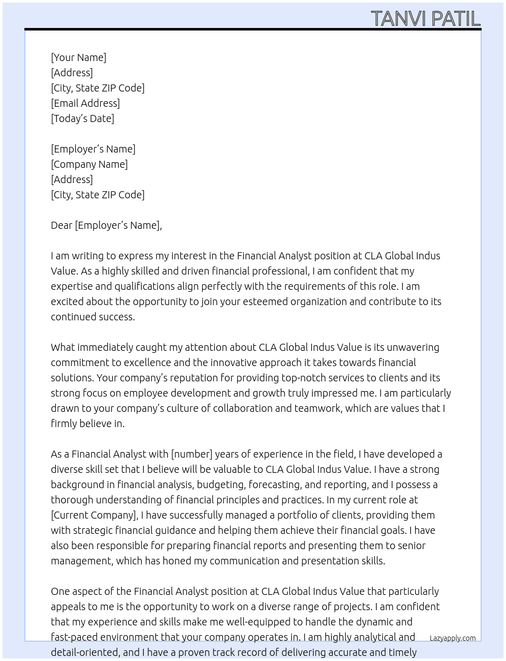 Financial Analyst At CLA Global Indus Value Cover Letter