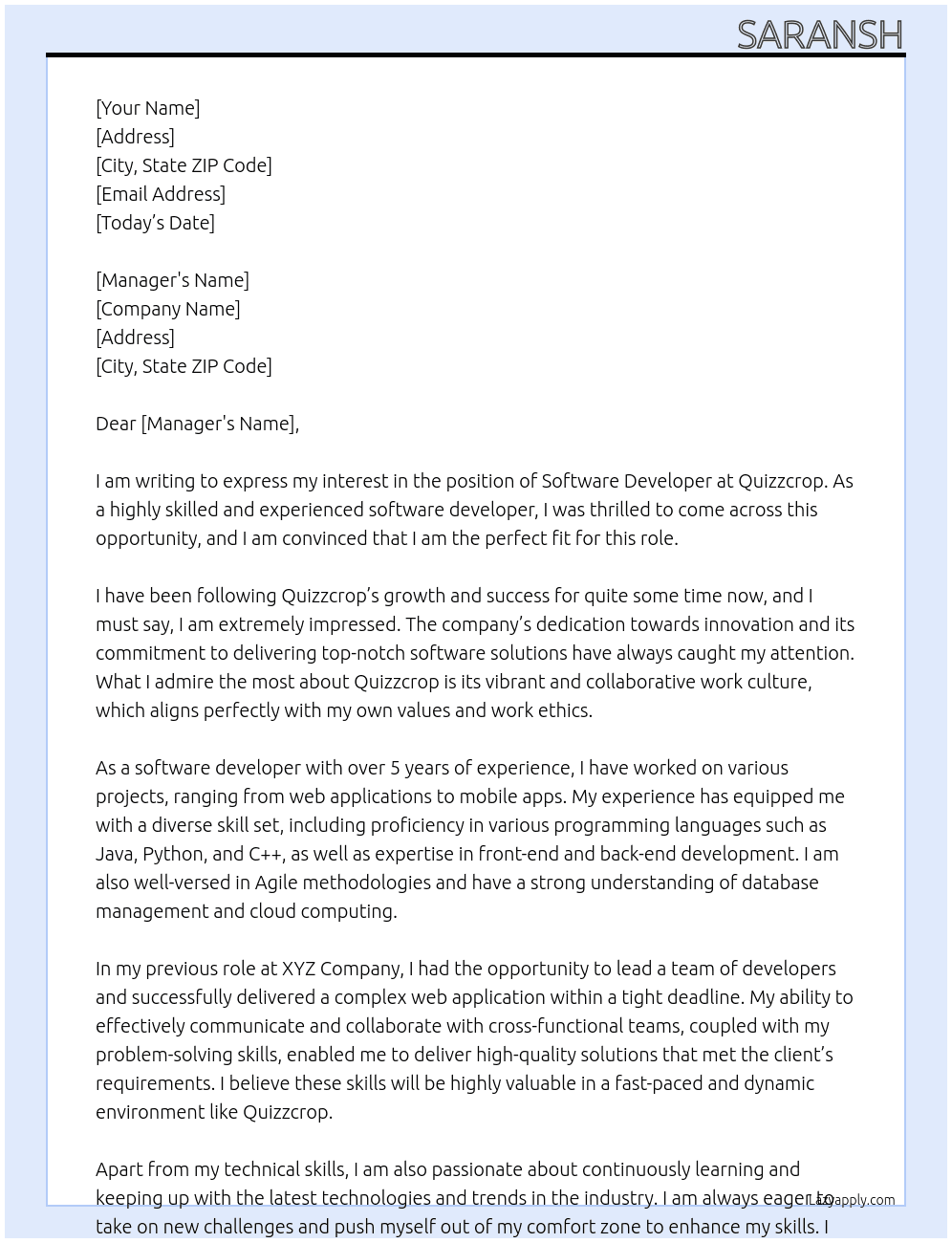 Software developer At Quizzcrop Cover Letter