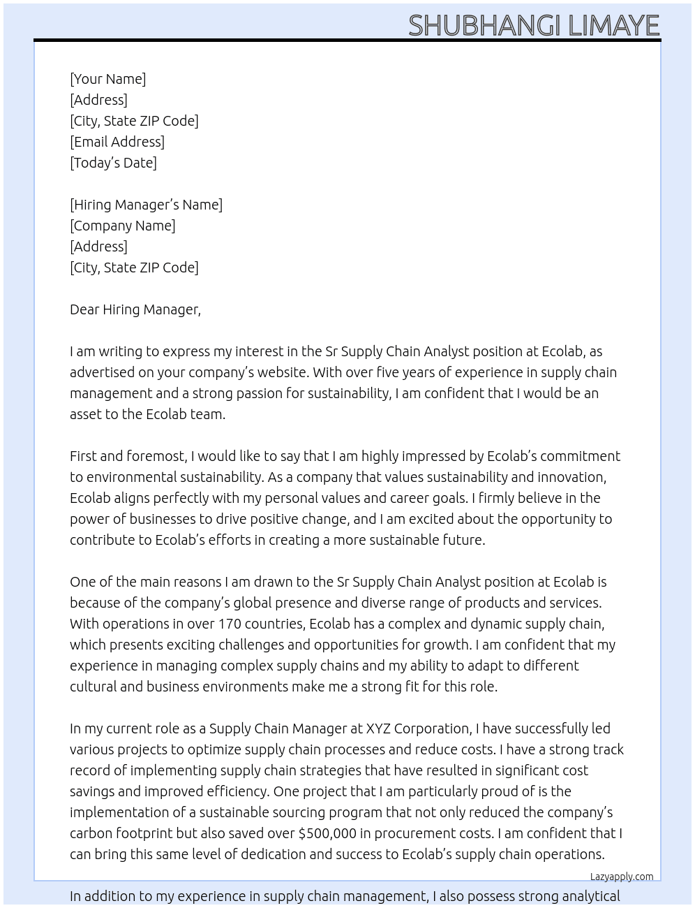 Sr supply chain analyst At Ecolab Cover Letter