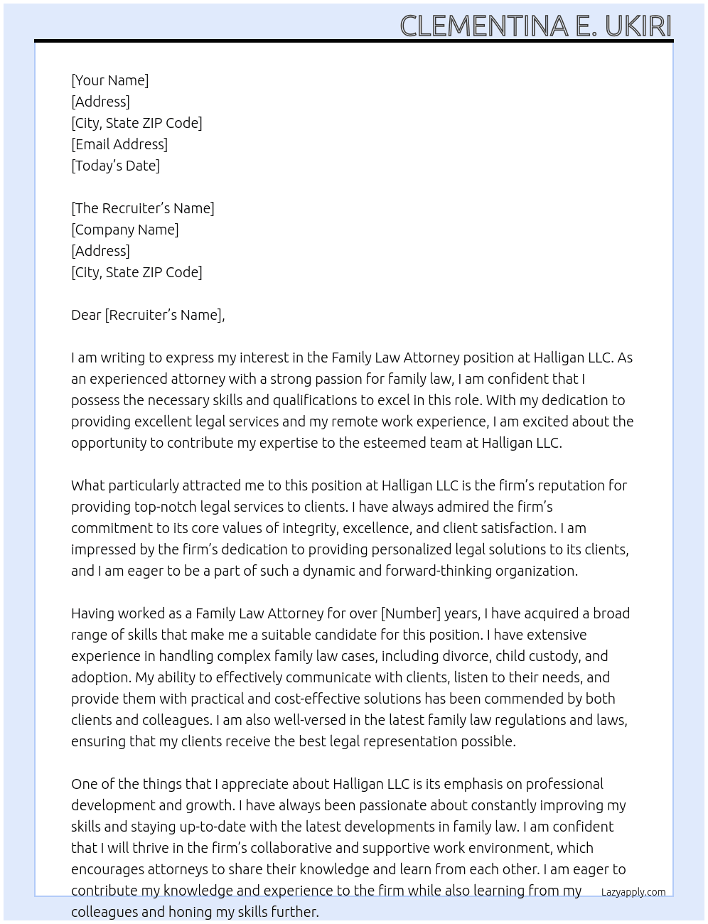 Family Law Attorney At Halligan LLC Cover Letter