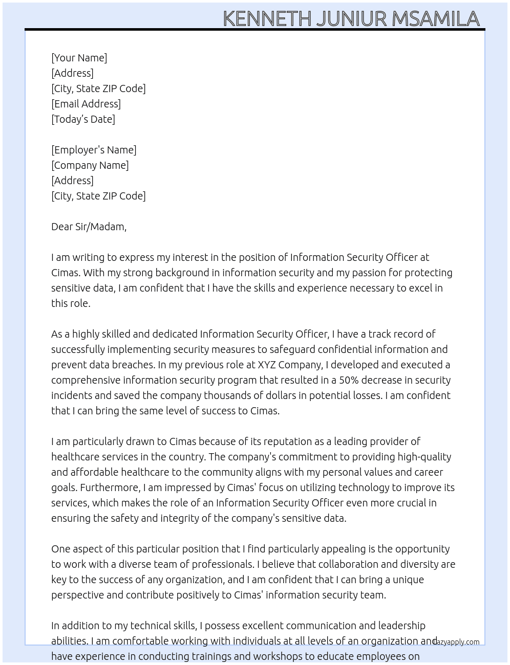 Information Security Officer  At Cimas  Cover Letter