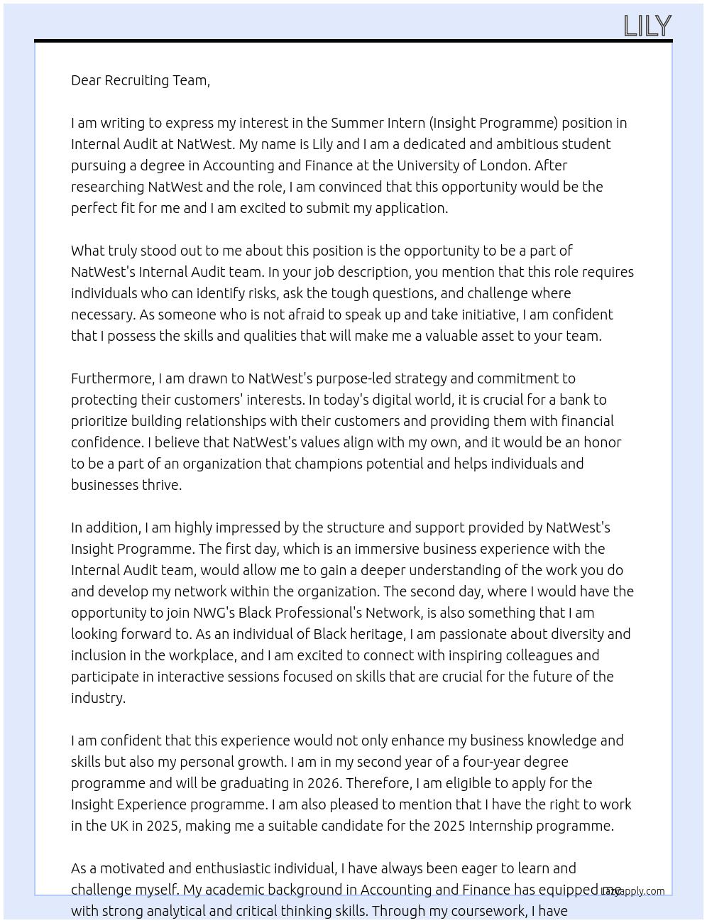 summer intern(Insight Programme) in internal audit  At Nat West  Cover Letter