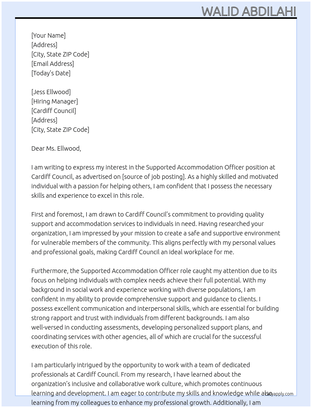 Supported Accommodation Officer  At Cardiff Council  Cover Letter
