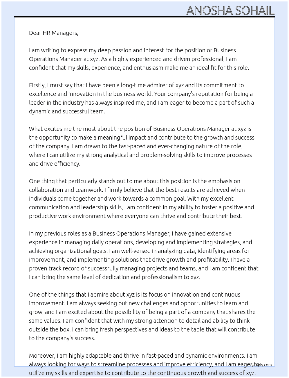 Business Operations Manager At xyz Cover Letter