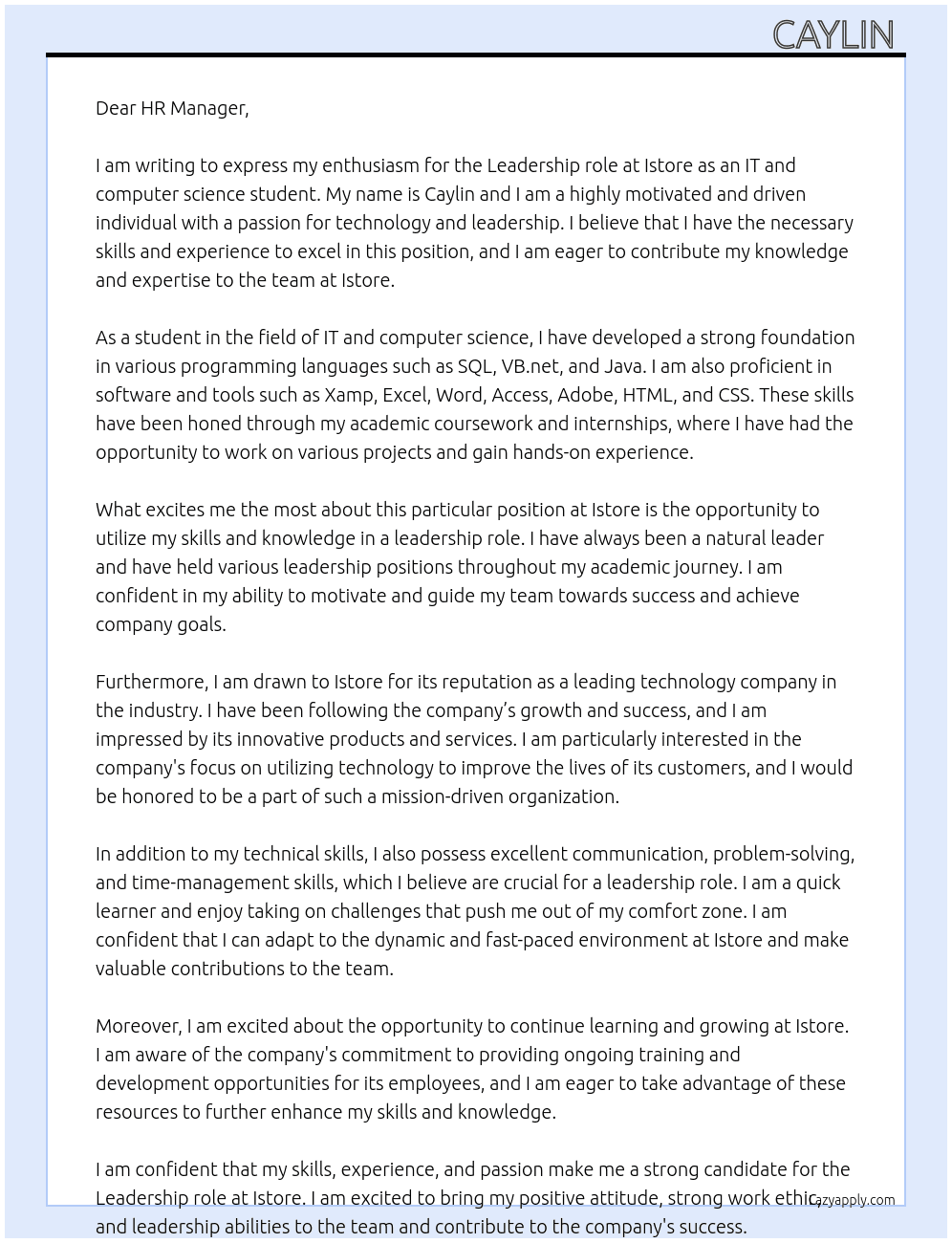 It and computer science student  At Istore Cover Letter
