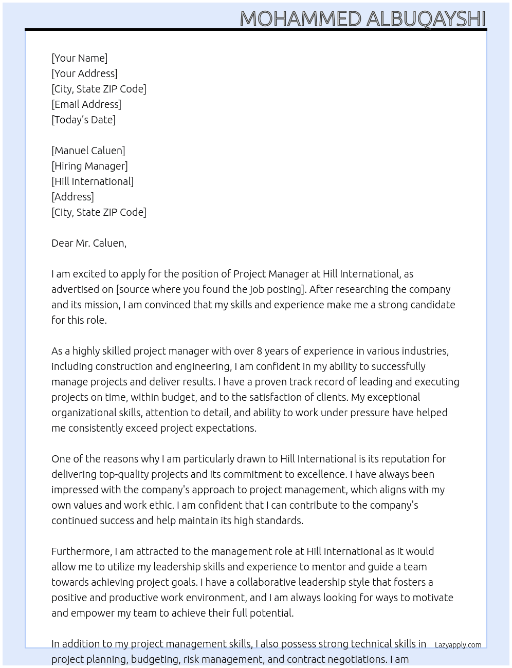 Project manager At Hill International Cover Letter