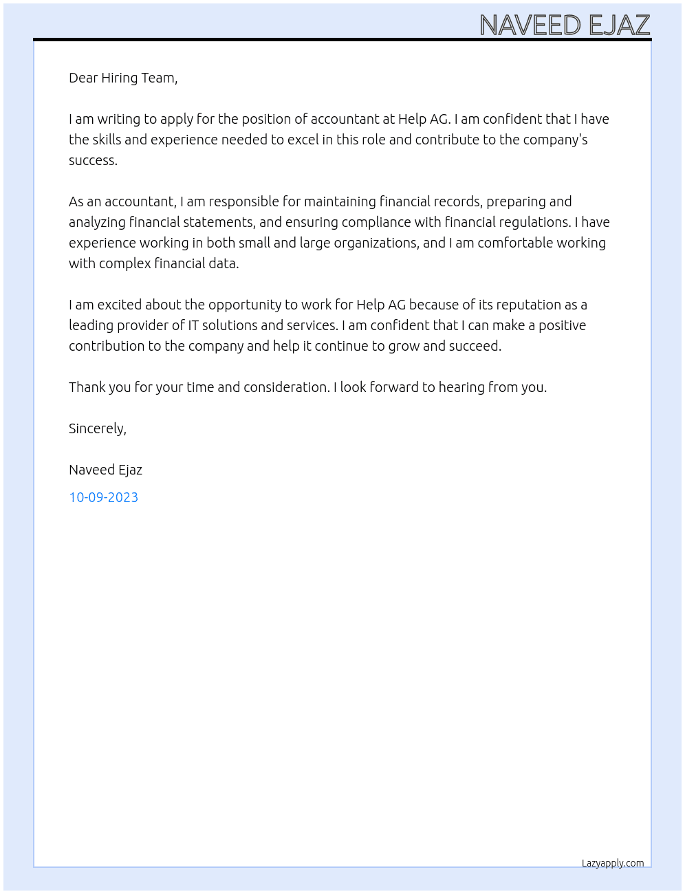 Accountant At Help AG Cover Letter