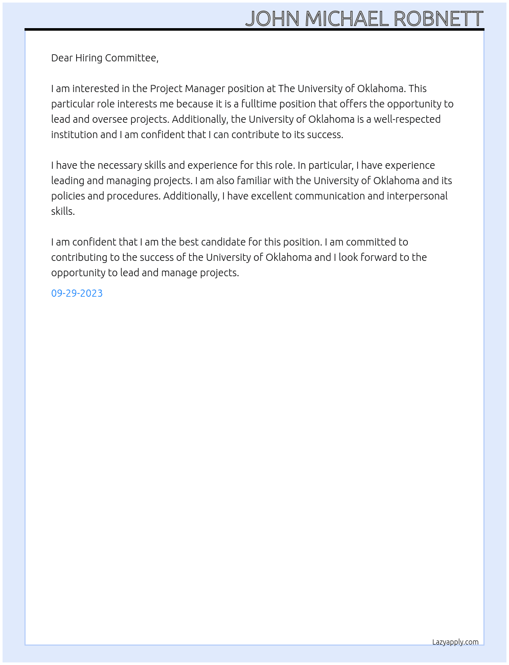 Project Manager At The University of Oklahoma Cover Letter