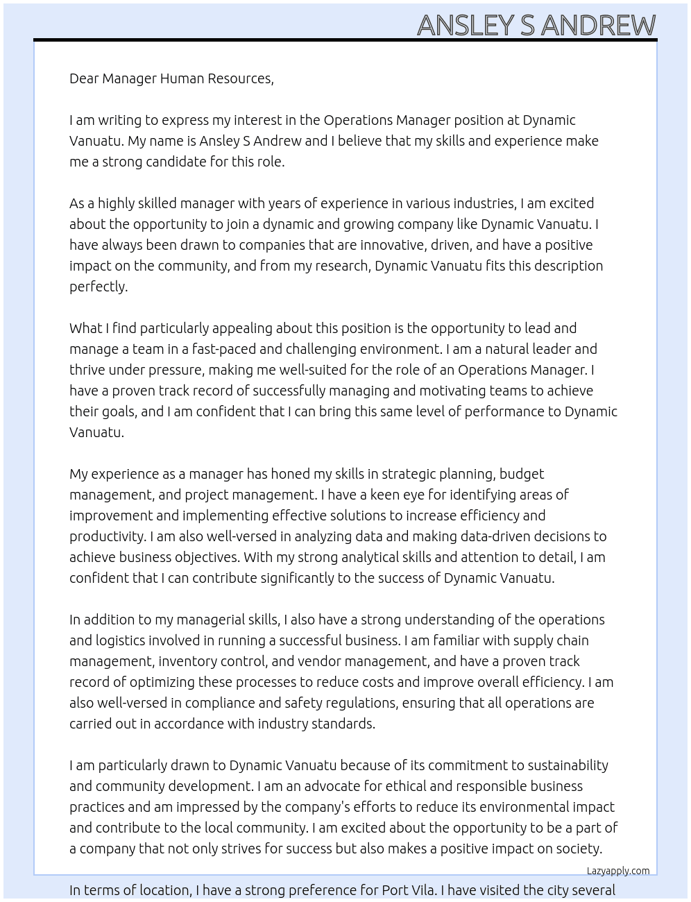 Operations Manager At Dynamic Vanuatu Cover Letter
