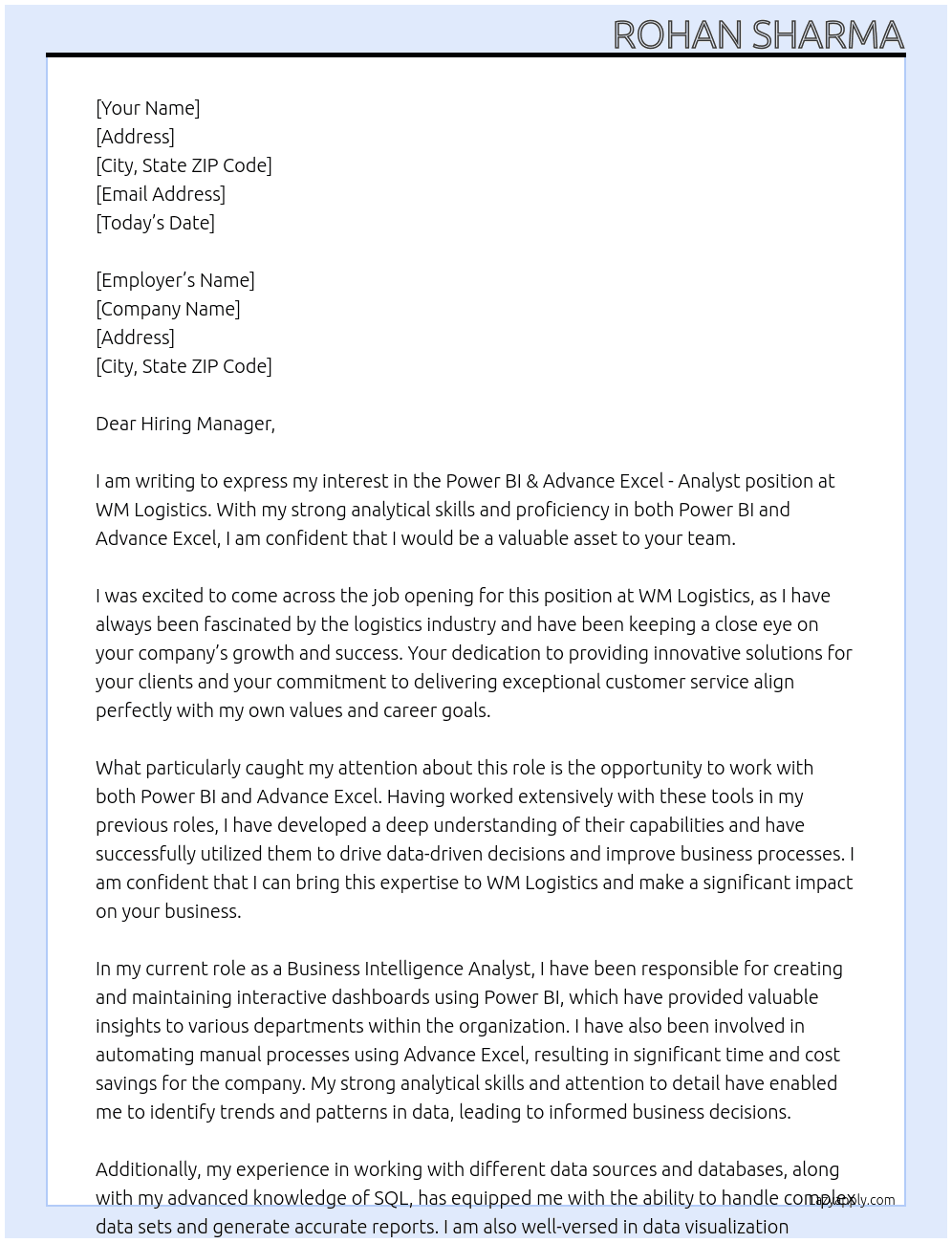 Power Bi & Advance Excel - Analyst At WM Logistics Cover Letter