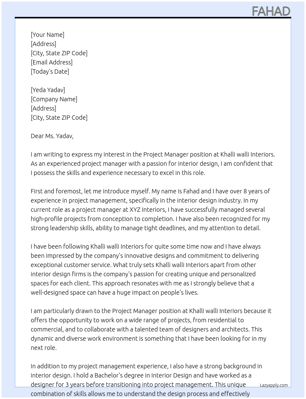 Project Manager At Khalli walli Interiors Cover Letter