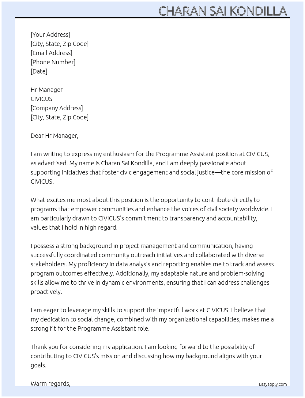Programme Assistant  At CIVICUS Cover Letter