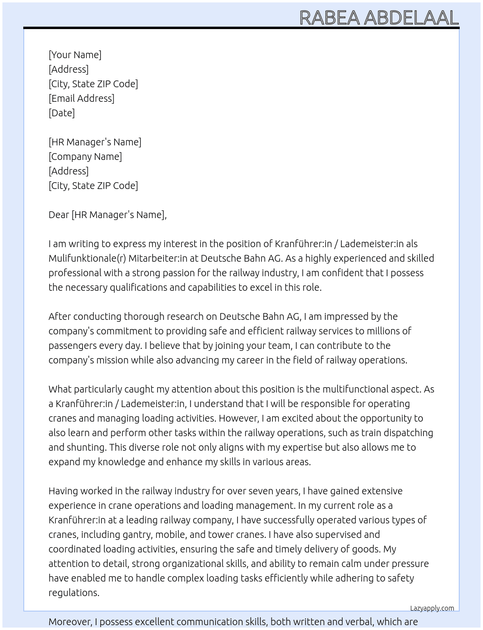 Kranführer:in / Lademeister:in als Mulifunktionale(r) Mitarbeiter:in At Deutsche Bahn AG Cover Letter