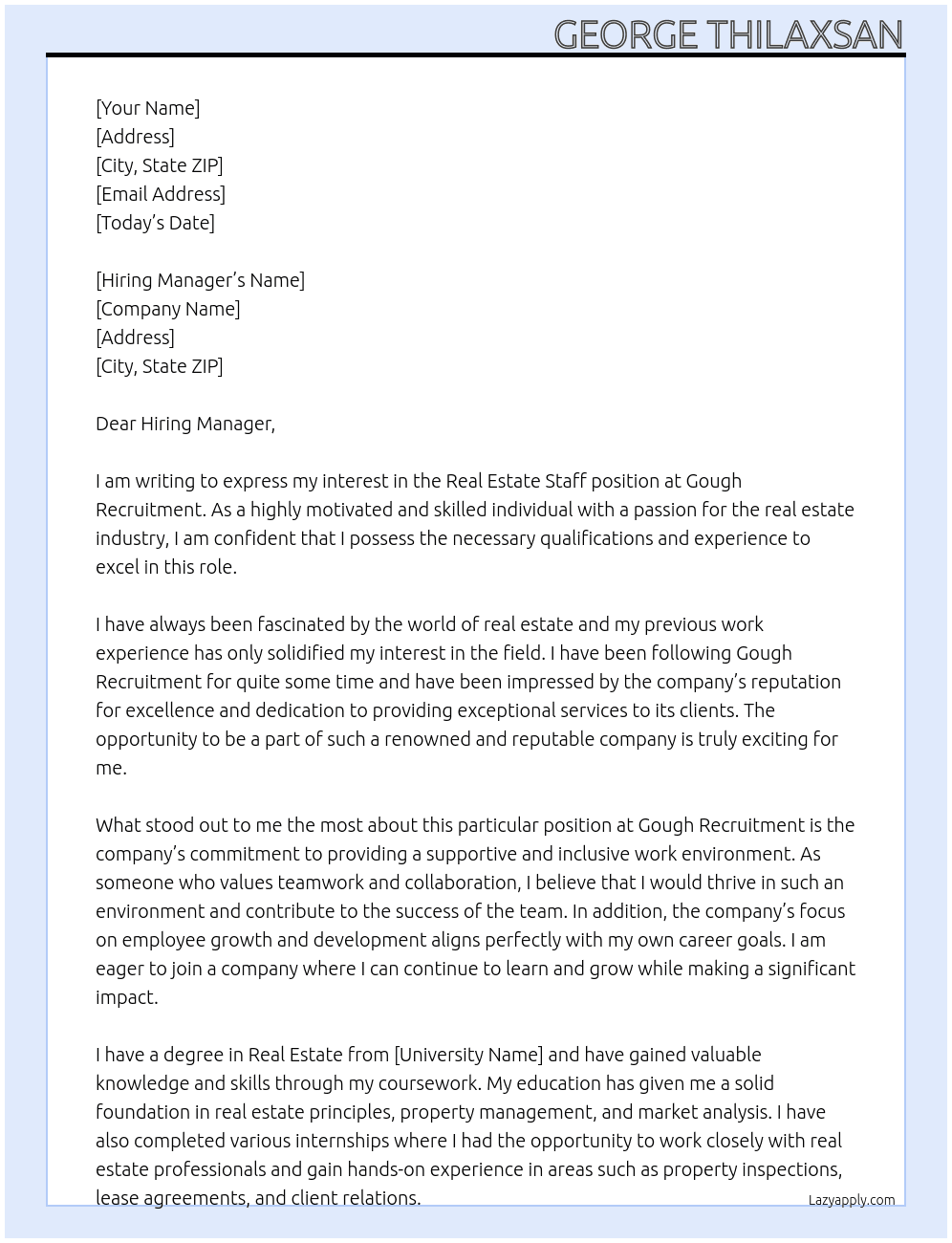 Real Estate Staff At Gough Recruitment  Cover Letter