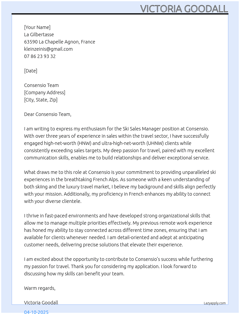 Ski Sales Manager (Remote) At Consensio Cover Letter