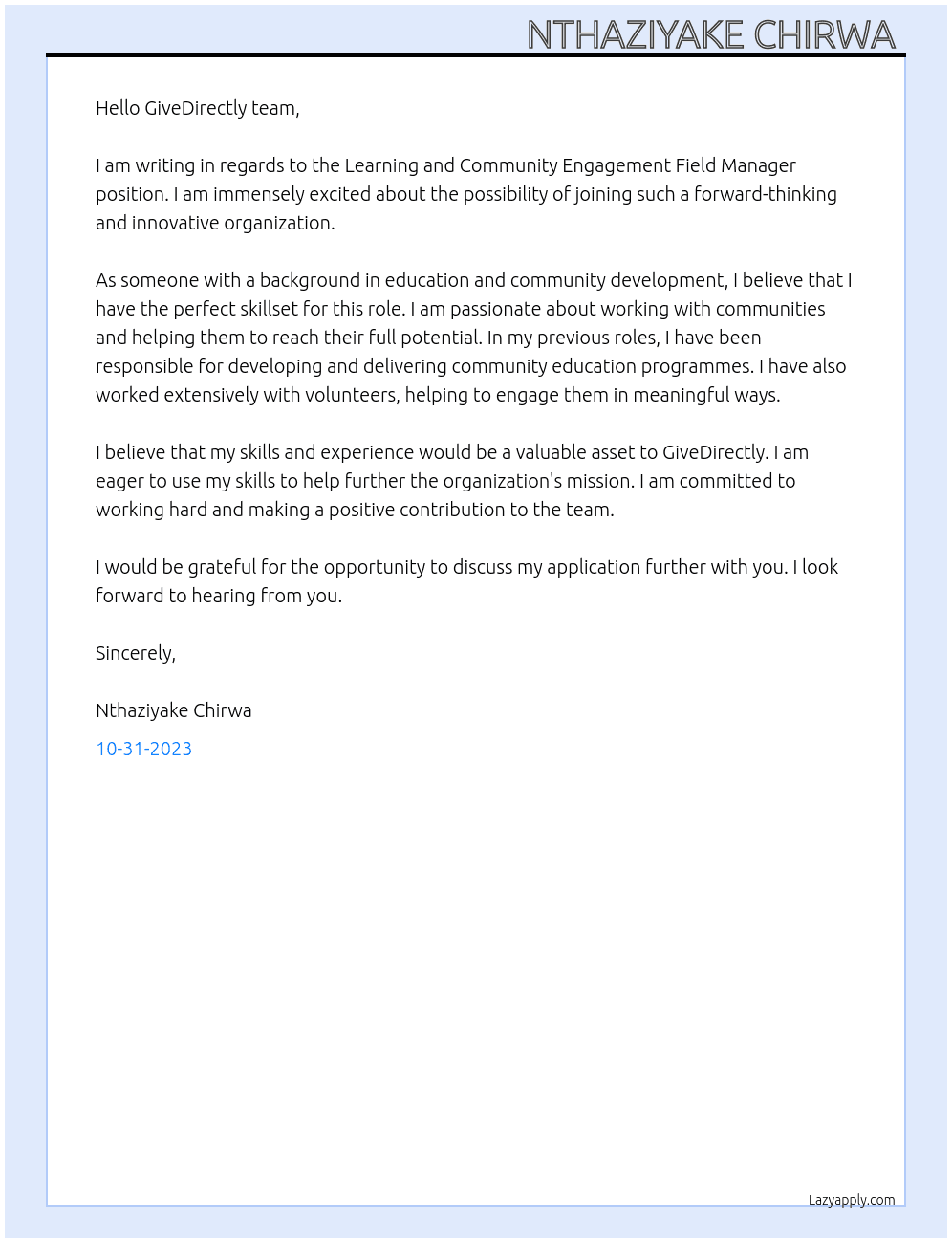 Learning and Community Engagement Field Manager At GiveDirectly Cover Letter