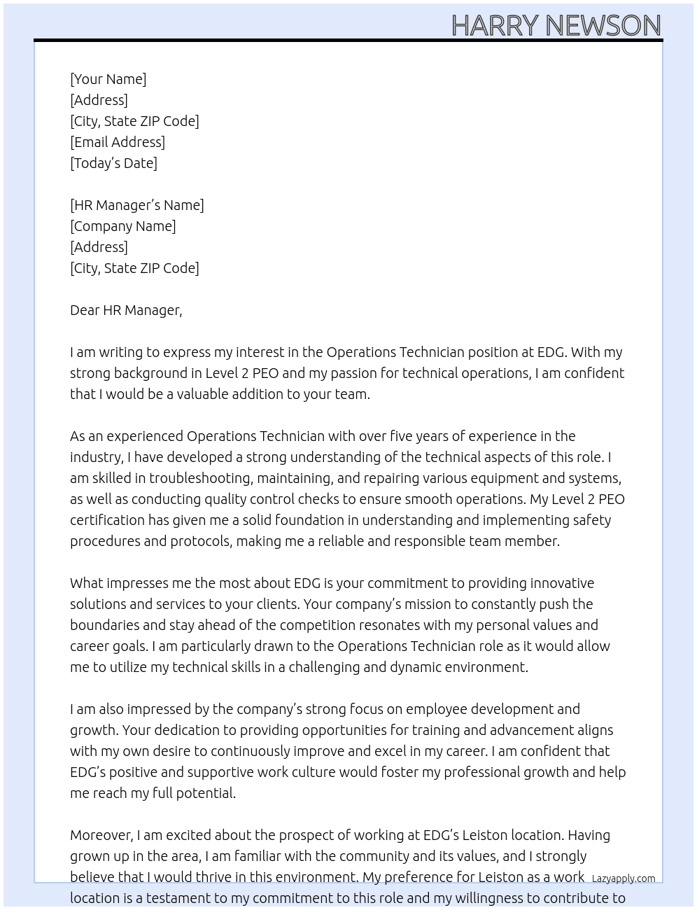 Operations Technician At EDG Cover Letter