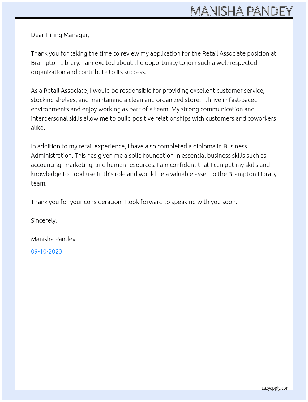 Retail Associate At Brampton Library Cover Letter