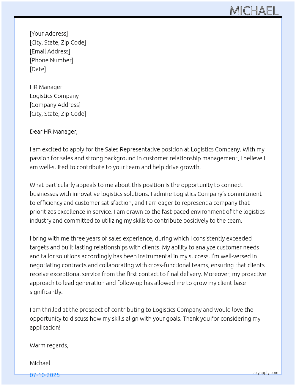 Sales Representative  At Logistics Company  Cover Letter