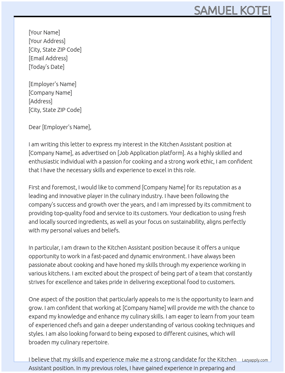 Kitchen Assistant  At Samuel Kotei Cover Letter