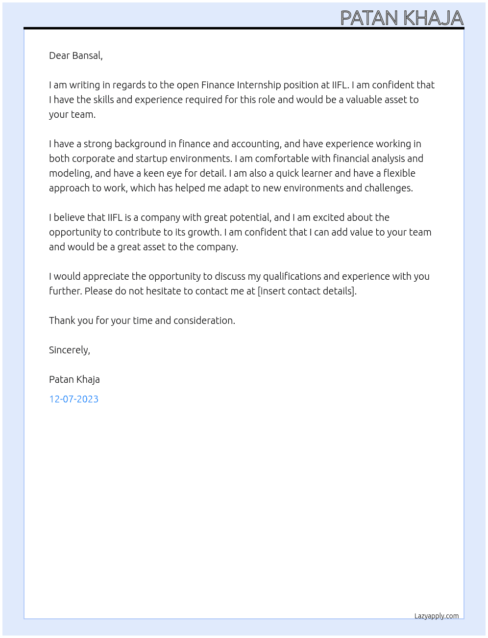 Finance Internship At IIFL Cover Letter